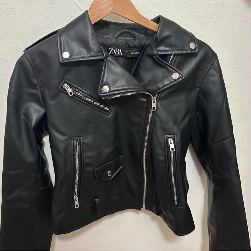 Zara Women's Black Faux Leather Biker Jacket - Large - Picture 2 of 6